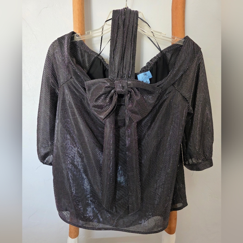 CeCe Metallic Black Blouse with Bow
